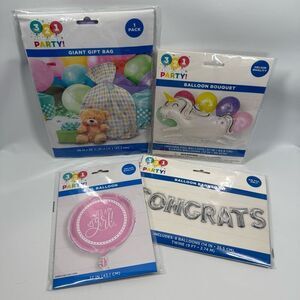 D37. Party Decorations- 4 piece It’s a girl baby shower balloons and large gift